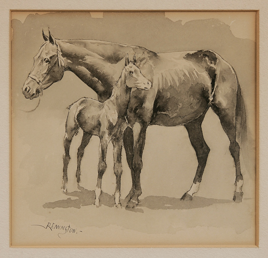  Mare and Colt by Frederic Remington in ink wash measures 9 x 8-7/8 inches and is estimated to sell for $6,000/$9,000. Image courtesy Brunk Auctions.